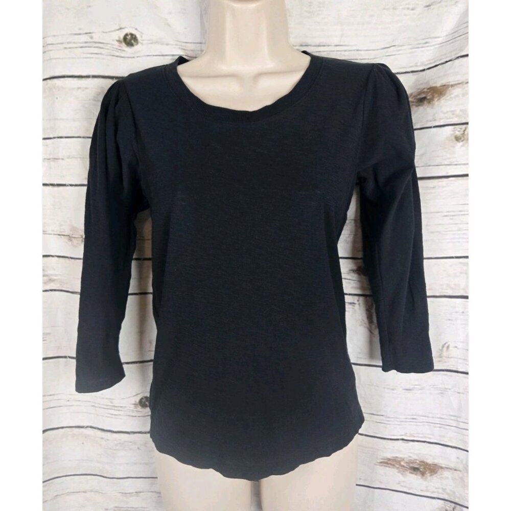 Nation Ltd Black Slub Knit Top XS 3/4 Puff Sleeves Womens 100% Pima Cotton